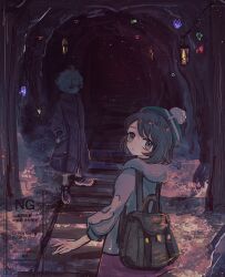 1boy 1girl ahoge backpack bag bede_(pokemon) black_hair brown_eyes cave_interior coat commentary_request dress gloria_(pokemon) grey_jacket hands_in_pockets highres horimhkw11 jacket nintendo parted_lips pink_coat pink_dress pokemon pokemon_swsh short_hair watermark wavy_hair white_hair