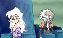 1boy 1girl beard castle dress facial_hair frown hand_on_own_chest highres king_haggard lady_amalthea long_hair looking_down old old_man pointy_nose purple_dress receding_hairline setz the_last_unicorn white_hair