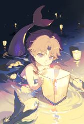 1boy absurdres aged_down beach candle crackingtaro fish highres holding holding_lantern lantern light love_and_deepspace male_focus medium_hair merman monster_boy multicolored_eyes night ocean outdoors paper_lantern parted_bangs pink_eyes purple_eyes purple_hair rafayel_(love_and_deepspace) short_hair solo topless_male two-tone_eyes water