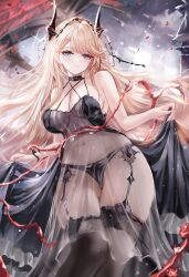1girl absurdres age_fx azur_lane bare_shoulders black_dress black_panties black_thighhighs blonde_hair blue_eyes blush breasts cleavage clothes_lift collarbone commentary_request dress dress_lift falling_petals flower from_below garter_straps glorious_(azur_lane) glorious_(meta)_(azur_lane) grey_background grin hair_over_one_eye highres hip_focus horns large_breasts light_particles light_smile long_hair looking_at_viewer looking_down medium_breasts medium_dress navel open_mouth panties parted_lips petals red_flower red_rose rigging rose see-through_clothes see-through_dress sleeveless sleeveless_dress smile solo standing stomach thighhighs thighs thorns underwear very_long_hair