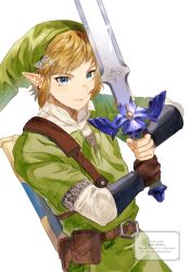 1boy ao_o81 belt blonde_hair closed_mouth commentary_request green_hat hat highres holding holding_sword holding_weapon link looking_at_viewer male_focus master_sword nintendo pointy_ears pouch solo standing sword the_legend_of_zelda the_legend_of_zelda:_ocarina_of_time watermark weapon white_background