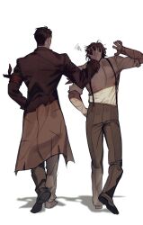 Rule 34 | 2boys, arm up, armband, black hair, brown coat, brown pants, brown shoes, chanil (muexlku), coat, dead rabbits (identity) (project moon), full body, hair slicked back, heathcliff (project moon), highres, limbus company, long sleeves, meursault (project moon), multiple boys, pants, project moon, red armband, ruffling hair, shirt, shoes, sleeves rolled up, squiggle, suspenders, white shirt