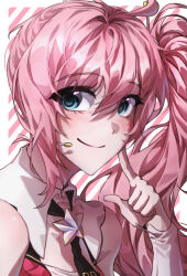 Rule 34 | 1girl, ahoge, black necktie, blue eyes, closed mouth, collared shirt, commentary request, compression sleeve, diagonal-striped background, hair between eyes, hand on own face, highres, index finger raised, korean commentary, long bangs, long hair, looking at viewer, necktie, parted bangs, pink background, pink hair, shirt, side ponytail, sleeveless, sleeveless shirt, smile, solo, star ornament, striped background, uni (vocaloid), upper body, vocaloid, white background, white sleeves, yang0602222