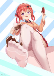 Rule 34 | 1girl, absudres, absurdres, blush, candy, chocolate, chocolate heart, crossed legs, fang, feet, female focus, food, foot focus, from below, gabriel dropout, glass, heart, hiaoba, highres, long hair, looking at viewer, open mouth, pov, purple eyes, red hair, satanichia kurumizawa mcdowell, sitting, smile, soles, toes, white legwear