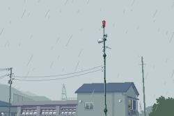 Rule 34 | 1other, alarm siren, animated, animated gif, building, grey sky, iemon (iweymon), looping animation, mountain, original, outdoors, pixel art, power lines, rain, scenery, sky, storm, transmission tower, tree, utility pole, wind