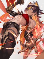 1girl abs antenna_hair bare_shoulders belt black_belt black_pants blue_eyes breasts brown_hair commentary_request cowboy_shot dehya_(genshin_impact) earrings genshin_impact grin highres jewelry lack large_breasts long_hair looking_at_viewer midriff pants partial_commentary pointy_hair smile solo standing stomach very_long_hair