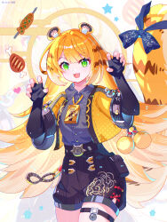1girl absurdres animal_ear_fluff animal_ears blonde_hair gloves green_eyes highres jacket ju_fufu long_hair looking_at_viewer multicolored_hair open_mouth shirt smile solo tail tiger_ears tiger_girl tiger_tail viclim-monou zenless_zone_zero