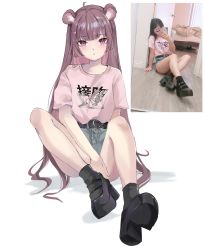 1girl :o ahoge animal_ear_fluff animal_ears belt black_footwear blunt_bangs blush commentary crossed_bangs earrings english_commentary expressionless foreshortening grey_eyes grey_hair grey_legwear grey_shirt hair_ornament hairclip heart heart_belt heart_hair_ornament highres hime_cut indie_virtual_youtuber jewelry long_hair looking_at_viewer mouse_ears mouse_girl mouse_tail on_floor original photo-referenced photo_inset pink_heart platform_footwear platform_heels self-portrait selfie shirt short_shorts short_sleeves shorts sidelocks simple_background sitting solo stud_earrings tail tofuubuns tofuubuns_(vtuber) translation_request very_long_hair virtual_youtuber white_background