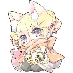 1girl animal_ear_fluff animal_ears bell black_gloves black_pants blonde_hair blush chest_sarashi commentary_request fox_ears fox_girl full_body gauntlets gloves hair_bell hair_ornament hair_ribbon hotate_(pixiv11131971) jingle_bell looking_at_viewer lowres orange_scarf pants purple_eyes ragnarok_online red_ribbon ribbon sarashi scarf short_hair simple_background solo sura_(ragnarok_online) white_background