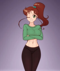 1girl abs bishoujo_senshi_sailor_moon breasts brown_hair crop_top crossed_arms earrings green_eyes highres jewelry kino_makoto large_breasts long_hair long_sleeves one_eye_closed pants ponytail scorpdk