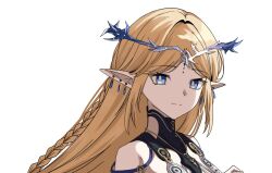 Rule 34 | 1girl, bare shoulders, black collar, blue eyes, cartethyia (wuthering waves), closed mouth, collar, commentary request, crown of thorns, earrings, jewelry, multiple earrings, necklace, parted bangs, pointy ears, pokarii zuu, portrait, sidelocks, simple background, smile, solo, tacet mark (wuthering waves), white background, wuthering waves