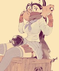 1girl animal animal_on_shoulder antenna_hair black_hair blue_thighhighs bomb box breasts brown_eyes crossed_legs don_(street_fighter) explosive fingerless_gloves gloves high_ponytail hiroshi_mono ibuki_(street_fighter) kunai long_hair looking_at_viewer mask medium_breasts necktie ninja on_box ponytail scarf school_uniform shoes sitting sitting_on_box street_fighter street_fighter_v tanuki thigh_strap thighhighs weapon