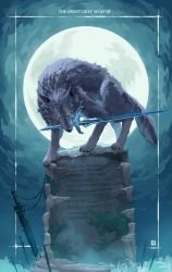 animal artist_name character_name claws dark_souls_(series) dark_souls_i glowing glowing_weapon grass grave great_grey_wolf_sif greatsword highres looking_at_viewer moon mouth_hold no_humans oversized_animal plant planted sei_(seiryuuden) serious sword tail vines weapon wolf yellow_eyes