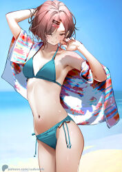 1girl beach bikini blue_bikini blue_sky breasts brown_hair collarbone hair_ornament hairclip higuchi_madoka idolmaster idolmaster_shiny_colors medium_breasts navel ocean short_hair sky solo swimsuit sydus