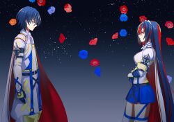 1boy 1girl blue_eyes blue_hair breasts crossed_bangs female_alear_(fire_emblem) fire_emblem fire_emblem_engage long_hair looking_at_another male_alear_(divine_dragon)_(fire_emblem) male_alear_(fire_emblem) medium_breasts multicolored_hair nintendo red_eyes red_hair shoochiku_bai split-color_hair two-tone_hair very_long_hair