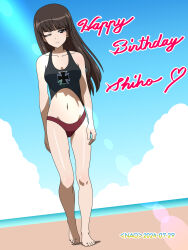Rule 34 | 1girl, black hair, blush, breasts, brown eyes, character name, closed mouth, collarbone, dated, girls und panzer, happy birthday, highres, kuromorimine military uniform, long hair, looking at viewer, medium breasts, military uniform, naotosi, navel, nishizumi shiho, ocean, one eye closed, outdoors, sky, smile, solo, swimsuit