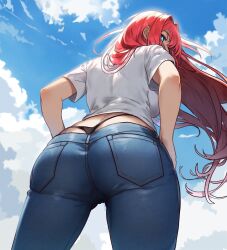 1girl absurdres aozaki_aoko ass ass_focus back backboob black_panties blue_eyes blue_pants blue_sky breasts cloud denim ebora floating_hair from_behind from_below hair_intakes hands_on_own_hips highres jeans large_breasts long_hair looking_at_viewer looking_back panties pants pocket red_hair revision shirt short_sleeves sky solo t-shirt thighs thong tight_clothes tight_pants tsukihime underwear up_sleeve whale_tail_(clothing) white_shirt
