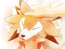 1other brown_fur closed_eyes gen_7_pokemon happy headpat kemonobito lycanroc lycanroc_(midday) nintendo pokemon pokemon_(creature) pokemon_focus smile tongue tongue_out two-tone_fur white_background white_fur