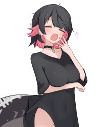 1girl black_choker black_shirt breasts choker earrings ellen_joe fins fish_tail jewelry medium_breasts mole mole_under_eye no_panties open_clothes open_mouth samate shark_girl shark_tail shirt short_hair short_sleeves simple_background solo tail white_background yawning zenless_zone_zero