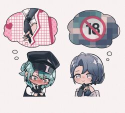 2girls @_@ angon623 black_dress black_gloves black_hair black_hat black_necktie black_vest blush censored chief_(path_to_nowhere) closed_mouth commentary content_rating dress earrings female_chief_(path_to_nowhere) gloves green_hair grey_eyes hair_bun hashtag-only_commentary hat holding_hands jewelry long_sleeves mosaic_censoring multiple_girls necktie nervous_sweating nightingale_(path_to_nowhere) off_shoulder path_to_nowhere purple_background shirt simple_background smile speech_bubble sweat thought_bubble vest visor_cap white_shirt yuri