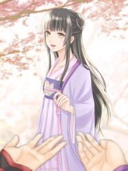 1girl black_hair blunt_bangs chinese_clothes day japanese_clothes jiang_yanli kimono long_hair long_sidelocks modao_zushi outdoors pov sidelocks sng_154 standing yellow_eyes