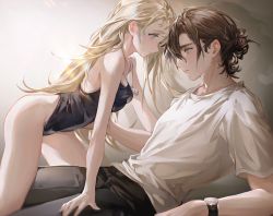 Rule 34 | 1boy, 1girl, absurdres, ajiro shinpei, black one-piece swimsuit, black pants, blonde hair, blouse, blue eyes, blush, breasts, brown hair, cleavage, closed mouth, crawling, deadprince, ear blush, forehead-to-forehead, hair between eyes, hair bun, hair over shoulder, hand on another&#039;s hip, hand on another&#039;s thigh, heads together, hetero, highres, jewelry, kofune ushio, leg between thighs, lens flare, light, light particles, long hair, looking at another, lying, medium breasts, messy hair, necklace, on person, one-piece swimsuit, pants, shadow, shell, shell necklace, shirt, short hair, single hair bun, summertime render, swimsuit, t-shirt, teenage boy and younger girl, thighs, watch, white shirt, wristwatch