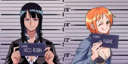 1girl ;p barbie_(franchise) barbie_(live_action) barbie_mugshot_(meme) black_dress black_hair blue_eyes blunt_bangs breasts character_name cleavage closed_mouth collared_shirt cropped_jacket dress hashtag-only_commentary highres holding leather_dress light_smile looking_at_viewer medium_hair meme miuny nami_(one_piece) nico_robin one_eye_closed one_piece orange_eyes orange_hair shirt short_hair single_sidelock solo tongue tongue_out upper_body
