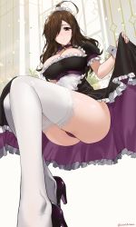 1girl absurdres ahoge alternate_costume apron ass bat_wings black_dress blush breasts brown_eyes brown_hair choker cleavage clothes_lift cross dress enmaided female_focus frills hair_over_one_eye high_heels highres hip_focus kono_subarashii_sekai_ni_shukufuku_wo! lace lace-trimmed_legwear lace_trim large_breasts latin_cross legs lifting_own_clothes long_hair looking_at_viewer maid panties plant purple_panties sendo_(sendrawz) skirt skirt_lift solo thighhighs thighs underwear waist_apron wavy_hair white_thighhighs wings wiz_(konosuba) wrist_cuffs