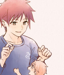 1boy 1other :d blue_shirt brown_eyes brown_hair collarbone hands_up highres holding if_they_mated long_sleeves open_mouth red_hair shirt shokugeki_no_souma short_hair simple_background smile toy-black yukihira_souma