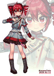 1girl absurdres ahoge arm_at_side belt black_belt black_boots black_skirt blush boots buttons closed_mouth double-breasted drill_hair fingernails full_body grey_jacket grey_skirt hair_between_eyes hand_on_own_chest highres jacket kakosa_sama kasane_teto kasane_teto_(sv) kneehighs lace-up_boots layered_sleeves long_sleeves looking_at_viewer midriff_peek musical_staff open_mouth platform_boots platform_footwear red_belt red_eyes red_hair red_nails red_skirt red_sleeve_cuffs red_socks red_trim shoulder_belt shoulder_boards skirt skirt_set sleeve_cuffs socks standing striped_clothes striped_jacket striped_skirt synthesizer_v twin_drills utau vocaloid_boxart_pose zoom_layer