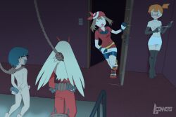 1boy 3girls ass black_thighhighs blaziken blue_eyes blue_hair blush breasts brown_hair bug door erection gen_3_pokemon glasses highres horns l-conhero long_hair max_(pokemon) may_(pokemon) medium_hair misty_(pokemon) multiple_girls nintendo nipples nude on_bed orange_hair penis pokemon running short_hair skirt small_breasts thighhighs white_hair