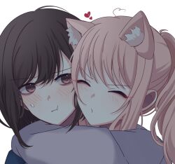 Rule 34 | 1girl, 1other, :t, ahoge, akiyama mizuki, animal ears, blush, brown eyes, brown hair, cat ears, cat girl, commentary, english commentary, heart, heart ahoge, highres, hug, kemonomimi mode, miyotastic, other with female, pink hair, ponytail, project sekai, puckered lips, shinonome ena