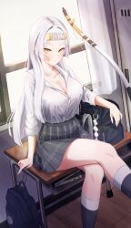 Rule 34 | 1girl, absurdres, arm rest, backpack, bag, bandaid, bandaid on cheek, bandaid on face, black bag, black skirt, black survival, blunt ends, bow (weapon), breasts, buttons, classroom, cleavage, closed mouth, collarbone, collared shirt, commentary, crossed legs, curtains, desk, dress, english commentary, eternal return: black survival, expressionless, highres, indoors, large breasts, lens flare, long hair, long sleeves, looking at viewer, minami rio, mole, mole on breast, notebook, on desk, partially unbuttoned, plaid clothes, plaid skirt, pleated dress, school desk, school uniform, schoppi 0731, shirt, shirt tucked in, sitting, skirt, solo, thighs, very long hair, weapon, white shirt, window, yellow eyes