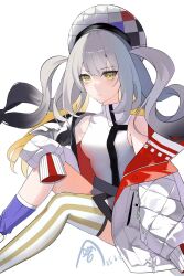 1girl almix_o asymmetrical_legwear bare_shoulders commentary dated dress fate/grand_order fate_(series) grey_hair hand_on_own_knee hat highres jacket long_hair looking_at_viewer marie_antoinette_(fate) marie_antoinette_alter_(fate) marie_antoinette_alter_(first_ascension)_(fate) mismatched_legwear multiple_girls off_shoulder open_clothes open_jacket signature simple_background solo symbol-only_commentary twintails uneven_legwear white_background white_dress white_hat white_jacket yellow_eyes