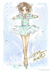 1girl brown_eyes brown_hair chinese_commentary chinese_text chunming_yang_meika dated figure_skating_dress full_body highres ice_skates looking_at_viewer medalist_(manga) palm-fist_greeting signature skates smile solo watermark weibo_username weibo_watermark yuitsuka_inori
