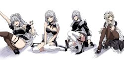 4girls ak-12_(girls&#039;_frontline) ak-15_(girls&#039;_frontline) alternate_costume an-94_(girls&#039;_frontline) apron aqua_eyes arm_up black_pantyhose black_thighhighs blonde_hair breasts choebal1356201 cleavage closed_eyes closed_mouth commentary defy_(girls&#039;_frontline) detached_collar dress english_commentary full_body garter_straps girls&#039;_frontline grey_hair gun hair_over_one_eye high_heels highres holding holding_gun holding_weapon leg_up legs long_hair long_sleeves looking_at_viewer maid maid_apron maid_headdress medium_breasts medium_hair multiple_girls on_floor open_mouth panties panties_under_pantyhose pantyhose pantyshot ponytail purple_eyes rpk-16_(girls&#039;_frontline) serious short_sleeves sidelocks simple_background sitting small_breasts smile strapless strapless_dress thighhighs thighs underwear weapon white_background white_panties white_thighhighs white_wrist_cuffs wrist_cuffs