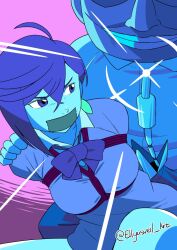 1boy 1girl ayase_momo blue_theme captured dandadan ellyasveil_art gag glaring highres improvised_gag kidnapped looking_at_another peril pink_background shibari short_hair tape tape_gag