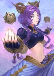 1girl belt blush braid breasts fingerless_gloves gloves highres league_of_legends looking_at_viewer medium_breasts midriff navel pants purple_hair rayn87250715 solo stomach yunara_(league_of_legends)