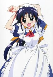 1girl :d absurdres andou_mahoro apron arms_behind_head artist_request black_hair blue_dress blush bow dress frilled_apron frills gainax green_eyes hair_bow headdress highres mahoromatic maid maid_apron maid_headdress official_art open_mouth puffy_short_sleeves puffy_sleeves scan short_sleeves skirt smile solo white_apron white_background