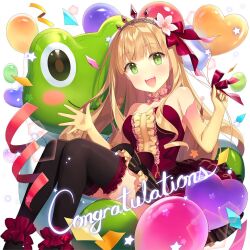 1girl balloon black_thighhighs blonde_hair blunt_bangs choker dress elbow_gloves frilled_anklet frilled_choker frilled_dress frills gloves green_eyes lina_princella long_hair off-shoulder_dress off_shoulder pink_choker red_dress salt_(salty) sitting thighhighs tiara uchi_no_hime-sama_ga_ichiban_kawaii very_long_hair yellow_gloves