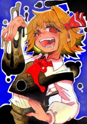 1girl absurdres arm_up ascot black_skirt black_vest blonde_hair blue_background bow chromatic_aberration collared_shirt cowboy_shot drooling hair_bow hand_on_own_hip highres inuyama_konan long_sleeves mouth_drool open_mouth outline red_ascot red_bow red_eyes rumia shirt short_hair skirt smile solo tareme touhou vest white_outline white_shirt