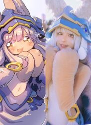 1girl 1other animal_ears art_vs_artist bandam blush body_fur brown_fur cosplay_photo ears_through_headwear furry hands_up helmet highres long_hair looking_at_viewer made_in_abyss nanachi_(made_in_abyss) narehate navel open_mouth photo_(medium) puffy_pants rabbit_ears smile teeth upper_teeth_only white_hair yellow_eyes