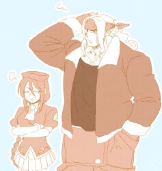 Rule 34 | 1boy, 1girl, alex (street fighter), alternate costume, beret, closed eyes, crossed arms, crossover, facing viewer, fur-trimmed jacket, fur-trimmed sleeves, fur trim, hand in pocket, hand on own head, hat, headband, height difference, jacket, long hair, looking to the side, m.u.g.e.n, melty blood, mo (wkmdw), overalls, partially colored, shirt, sion eltnam (type-moon), sion eltnam atlasia, squiggle, street fighter, tsukihime