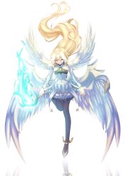 1girl absurdres angel_wings black_pantyhose blonde_hair dress fate/grand_order fate_(series) feathered_wings full_body hair_between_eyes headpiece highres jeanne_d&#039;arc_(fate) juliet_sleeves long_hair long_sleeves metatron_jeanne_(fate) metatron_jeanne_(third_ascension)_(fate) multiple_wings pantyhose puffy_sleeves san_sasame shoes solo very_long_hair white_dress white_wings winged_shoes wings yellow_eyes