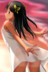 1girl ass black_hair blush bow breasts brown_eyes cloud dress from_behind hair_bow highres leaning_forward long_hair looking_at_viewer looking_back matsunaga_kouyou open_mouth original panties pink_sky see-through_clothes see-through_dress sky sleeveless sleeveless_dress small_breasts standing sunset teeth underwear white_dress white_panties yellow_bow