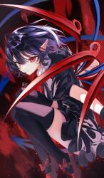 1girl asymmetrical_wings black_dress black_hair black_thighhighs blue_wings bow commentary dress earrings footwear_bow highres houjuu_nue jewelry mary_janes pointy_ears puffy_short_sleeves puffy_sleeves red_background red_bow red_eyes red_shoes red_wings ringo_no_usagi shoes short_hair short_sleeves signature solo thighhighs touhou wings
