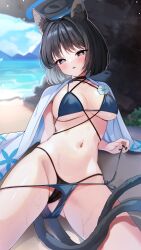 Rule 34 | 1girl, absurdres, bikini, black bikini, black eyes, black hair, black nails, blue archive, blue bikini, blue halo, blue haori, blush, breasts, halo, haori, highres, japanese clothes, katsushika pachi, kikyou (blue archive), kikyou (swimsuit) (blue archive), large breasts, looking at viewer, navel, official alternate costume, open mouth, short hair, solo, stomach, swimsuit, untying
