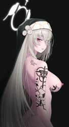 1girl absurdres arm_tattoo blue_archive breast_tattoo breasts coif crossed_bangs english_text from_side grey_hair hair_between_eyes highres large_breasts long_hair looking_at_viewer nipples nude nun okokorika purple_eyes red_eyes sakurako_(blue_archive) shoulder_tattoo solo tattoo text_tattoo very_long_hair