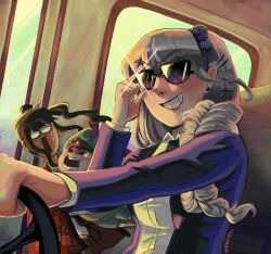Rule 34 | &gt; &lt;, 1boy, 2girls, adjusting eyewear, black hair, blue hairband, blue jacket, brown hair, commentary, crying, dot pupils, driving, earrings, english commentary, flower earrings, ginzaki shouma, glint, green hat, grey hair, grin, hair ornament, hairband, hairclip, haori, hat, highres, jacket, japanese clothes, jewelry, kirifuji nozomi, long hair, long sleeves, magadori kyoshika, mole, mole under eye, multiple girls, nervous sweating, o o, open clothes, open jacket, open mouth, ponytail, red haori, screaming, shirt, short hair, sidelocks, smile, steering wheel, sunglasses, sweat, the hundred line -last defense academy-, twitter username, walnut (walnutroll), white shirt
