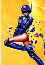 Rule 34 | 1980s (style), 1girl, absurdres, armor, ass, bodysuit, breasts, bubblegum crisis, destruction, female focus, glaring, gradient background, helmet, hidden eyes, high heels, highres, no panties, oldschool, open mouth, priscilla asagiri, priss, reflection, retro artstyle, shoes, solo, tony takezaki, torn clothes, visor, wardrobe malfunction, yellow theme